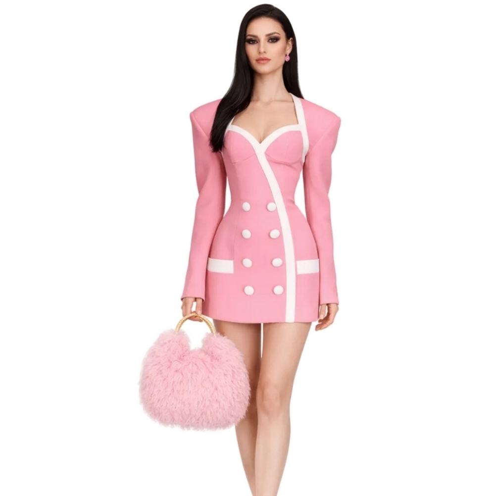 Maison Femalien Bella Pink 80s Inspired Boxy Shoulder Tuxedo Dress Xs S